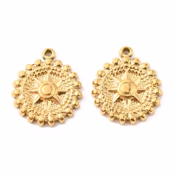 Guldfärgat rostfritt stål berlock rund med stjärna och PVD plätering, 1 st