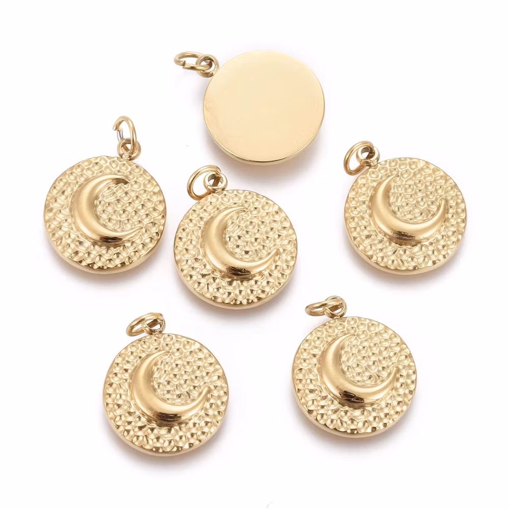 Guldfärgat kirurgiskt stål rund berlock måne med PVD plätering, 1 st