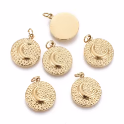 Guldfärgat kirurgiskt stål rund berlock måne med PVD plätering, 1 st