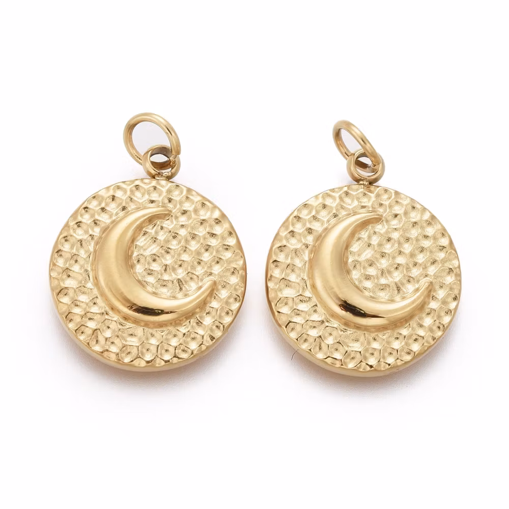 Guldfärgat kirurgiskt stål rund berlock måne med PVD plätering, 1 st