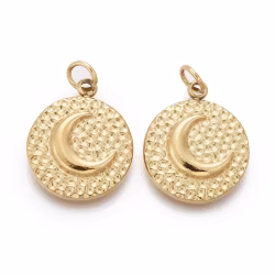 Guldfärgat kirurgiskt stål rund berlock måne med PVD plätering, 1 st