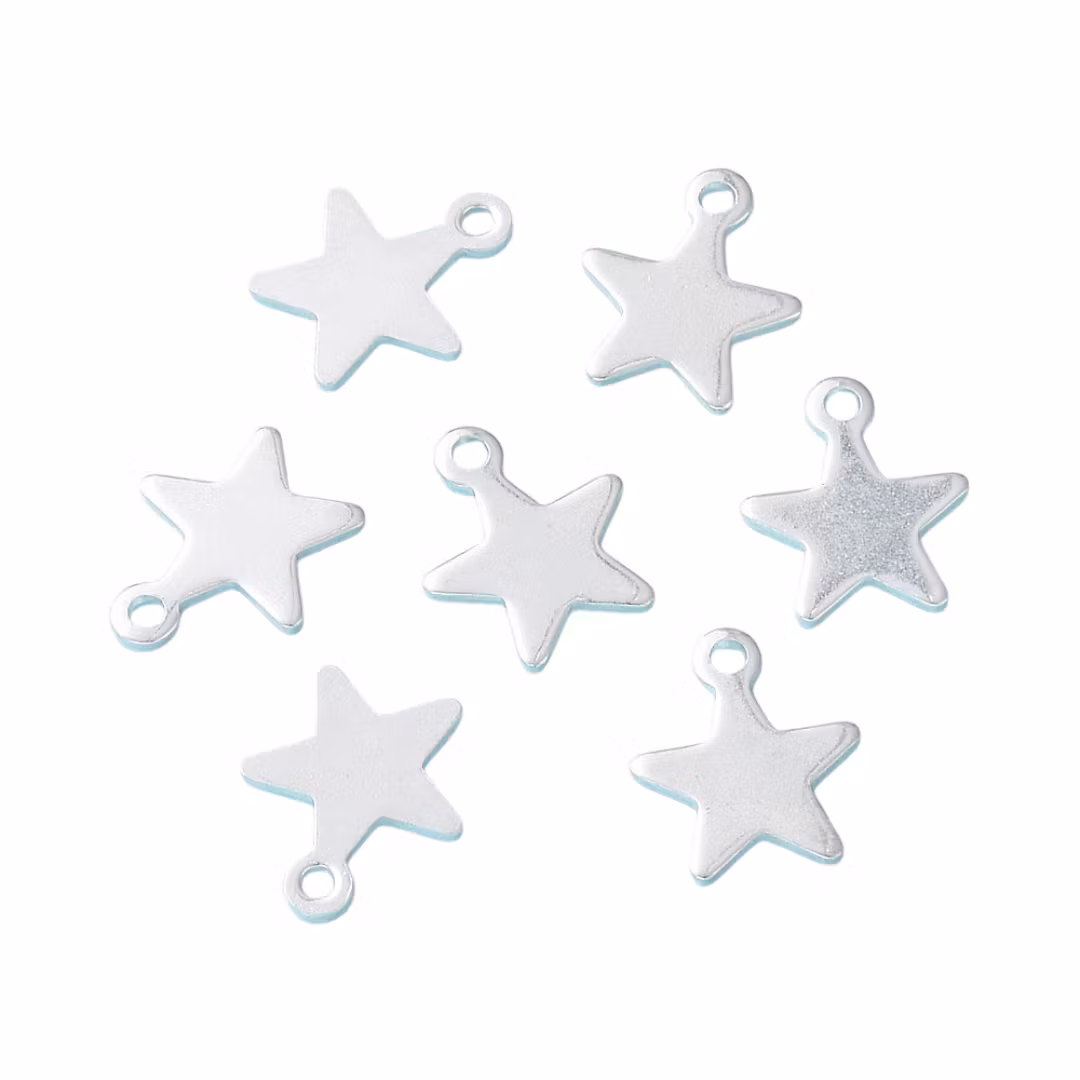 Silverfärgat rostfritt stål berlocker små stjärnor, 10 st