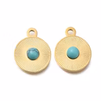 Guldfärgat rostfritt stål berlock liten rund turkos med PVD plätering, 1 st