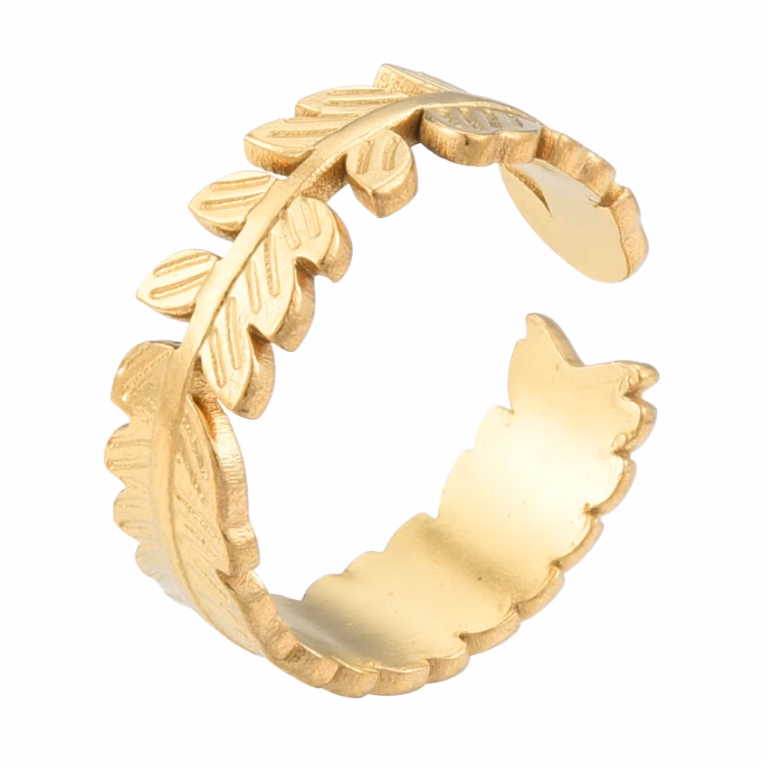 Guldfärgat rostfritt stål ring löv med PVD plätering
