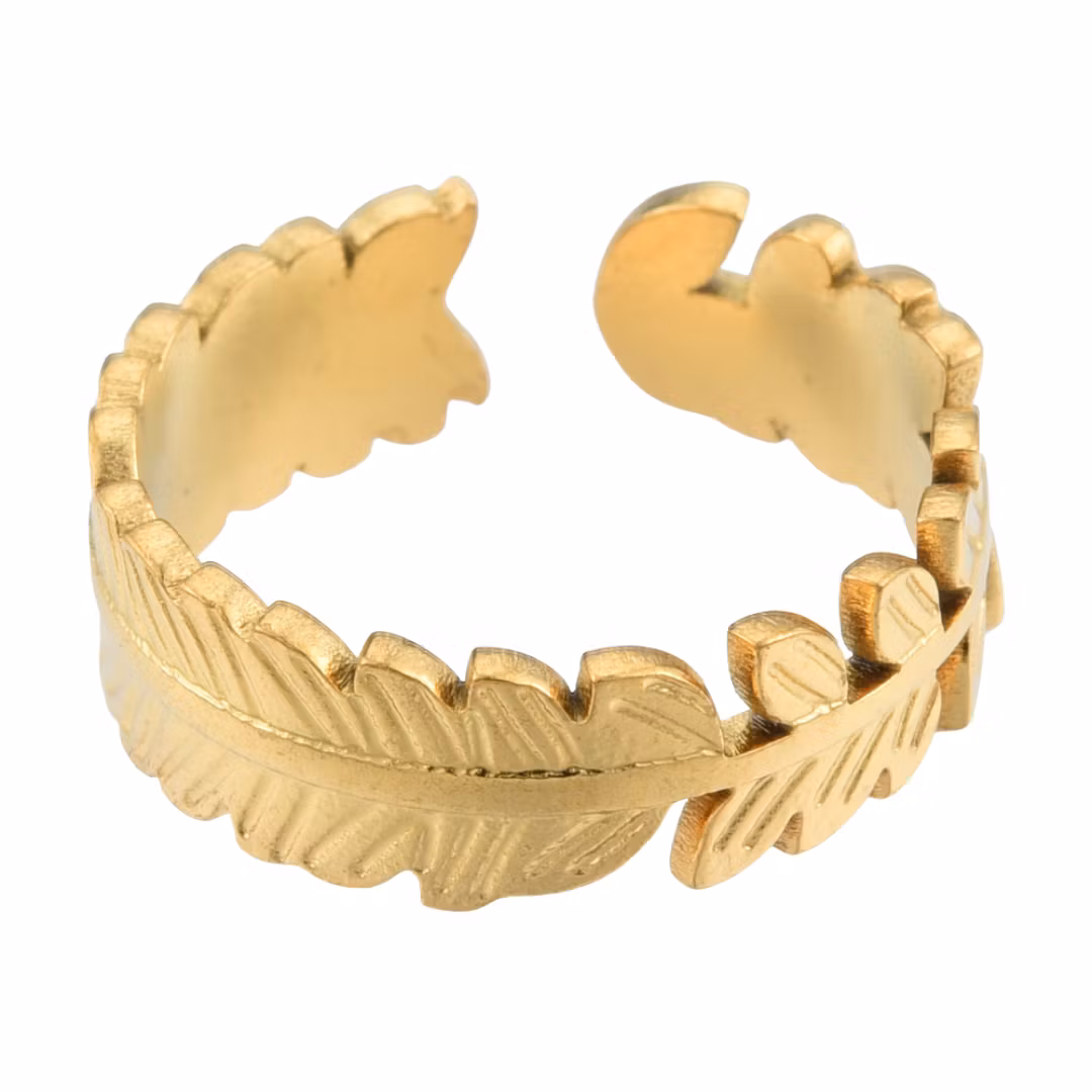 Guldfärgat rostfritt stål ring löv med PVD plätering