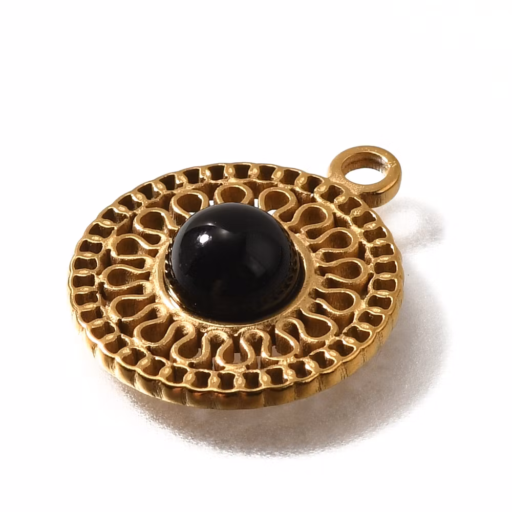 Guldfärgat rostfritt stål mönstrad berlock onyx, 1 st