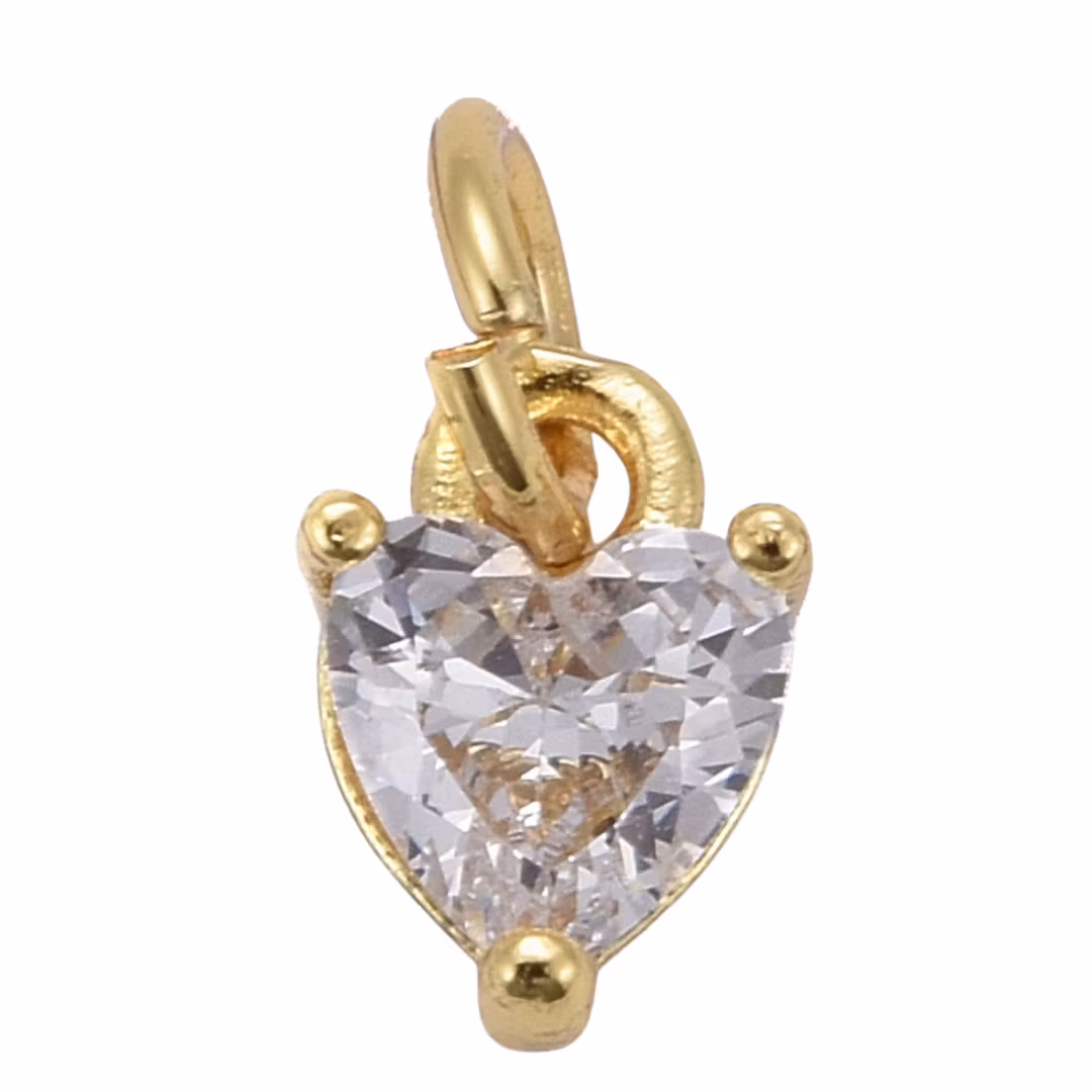 Guldfärgad berlock glas hjärta med cubic zirconia, 1 st