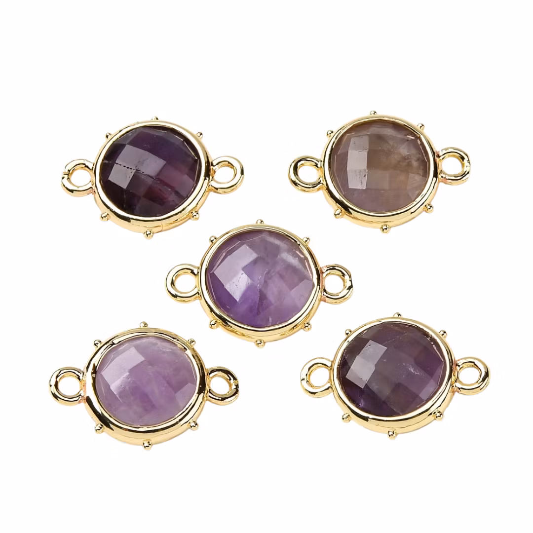 Guldfärgad rund connector ametist, 1 st