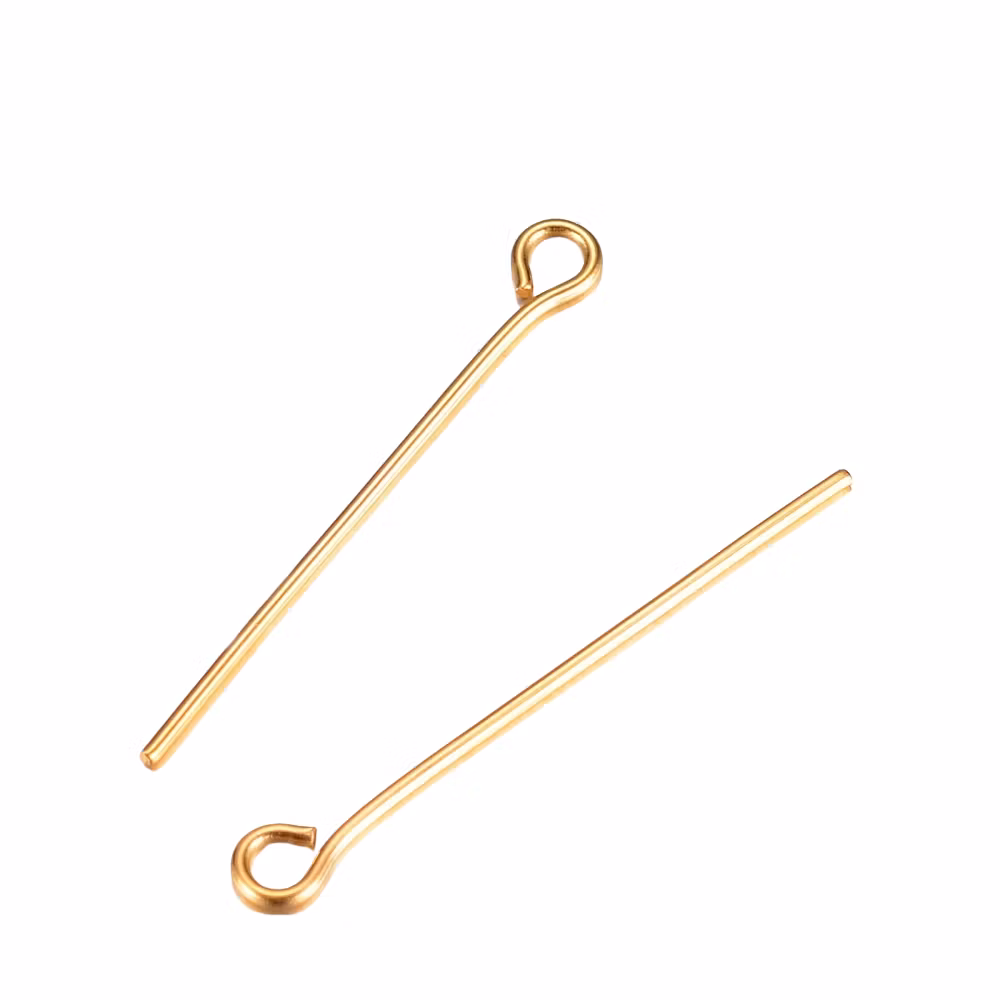 Guldfärgat kirurgiskt stål öglepinnar 3 cm med 24k plätering, ca 50 st