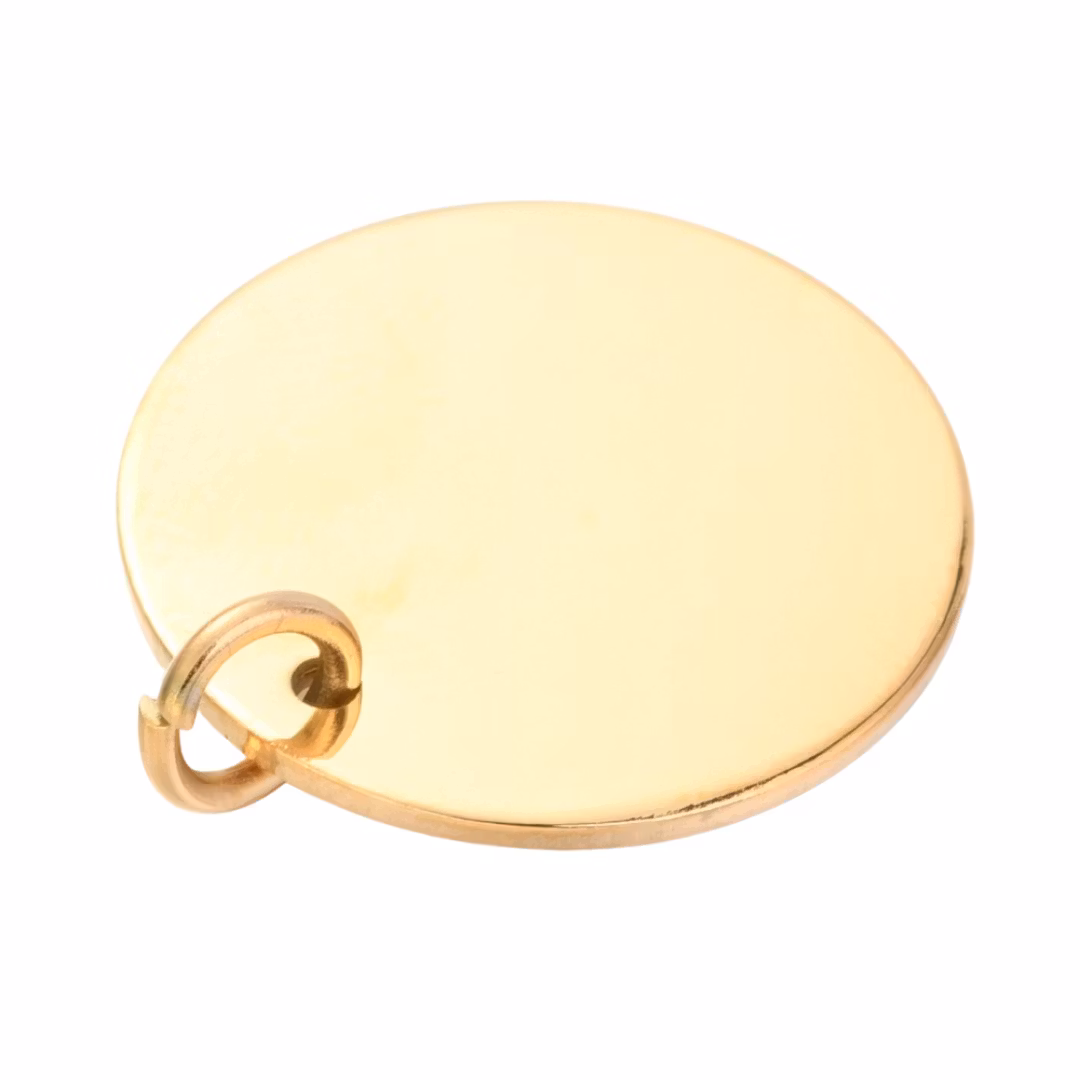 Guldfärgat rostfritt stål hänge rund tag 20 mm PVD, 1 st