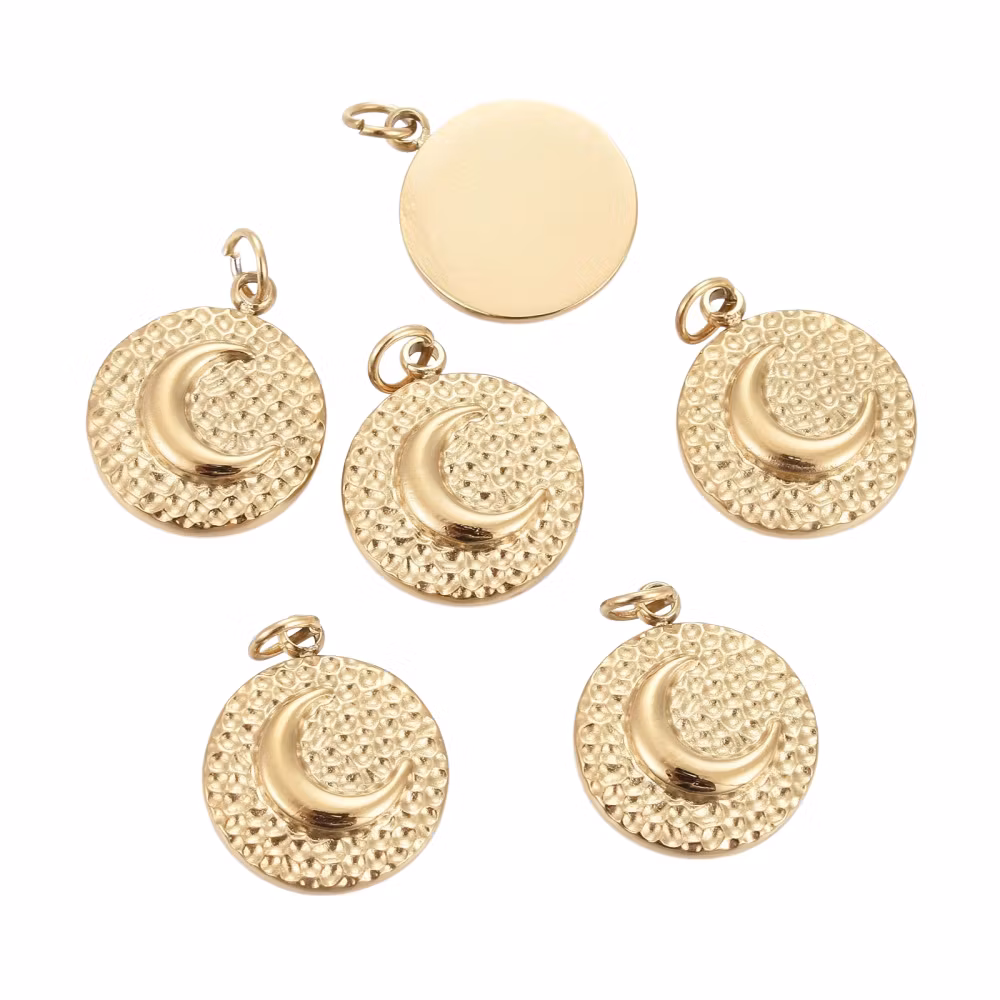 Guldfärgat kirurgiskt stål rund berlock måne med PVD plätering, 1 st