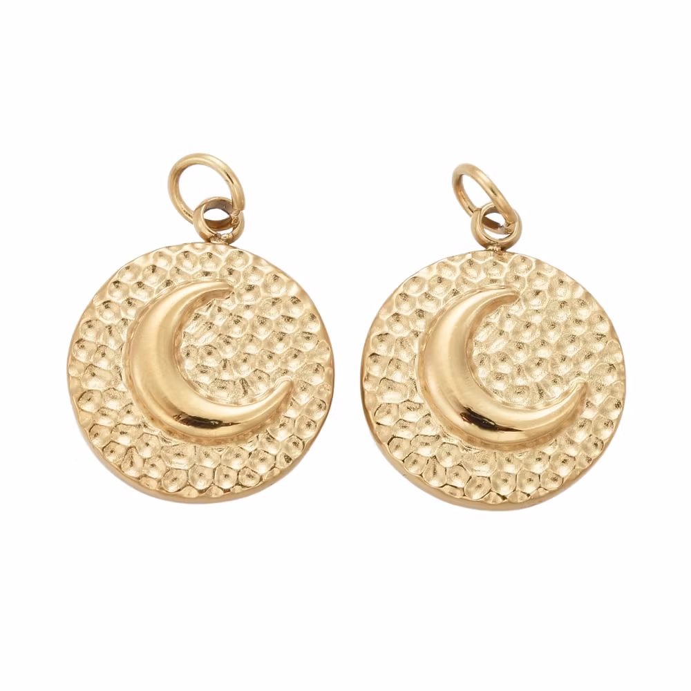 Guldfärgat kirurgiskt stål rund berlock måne med PVD plätering, 1 st