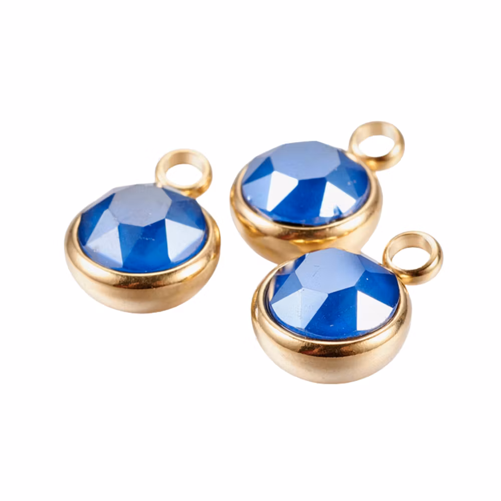 Guldfärgat rostfritt stål stor berlock blå med PVD plätering, 1 st