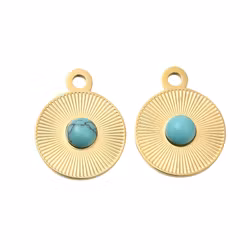 Guldfärgat rostfritt stål berlock liten rund turkos med PVD plätering, 1 st