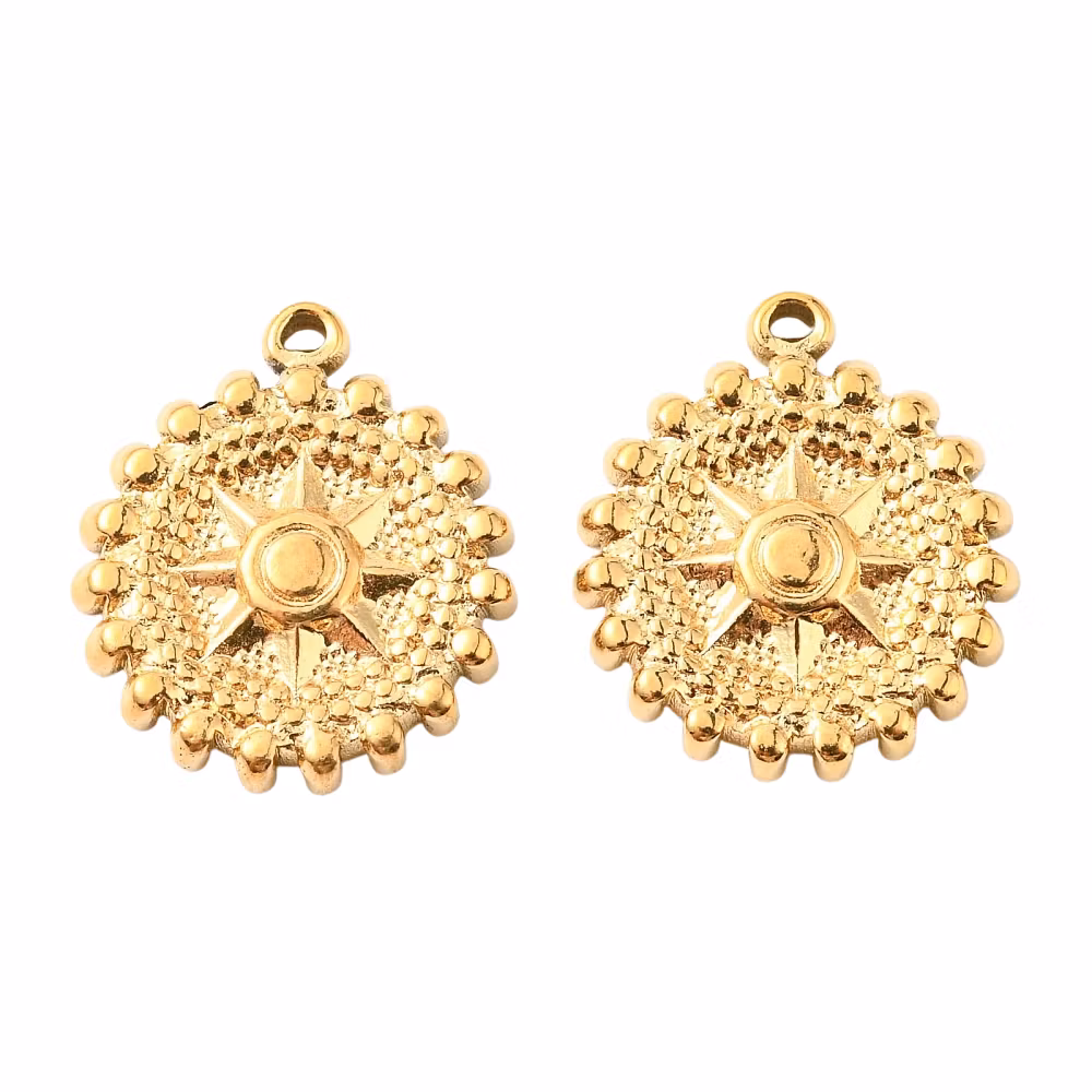 Guldfärgat rostfritt stål berlock rund med stjärna och PVD plätering, 1 st