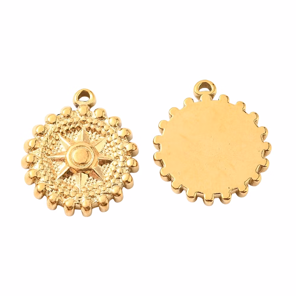 Guldfärgat rostfritt stål berlock rund med stjärna och PVD plätering, 1 st