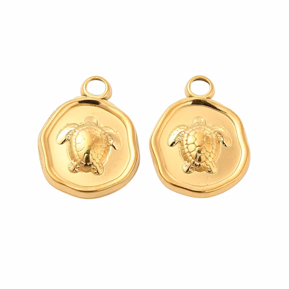 Guldfärgat rostfritt stål rund sköldpadda med PVD plätering, 1 st