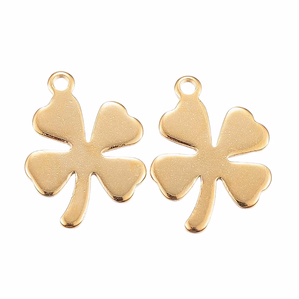 Guldfärgat rostfritt stål berlocker fyrklöver med PVD plätering, 10 st