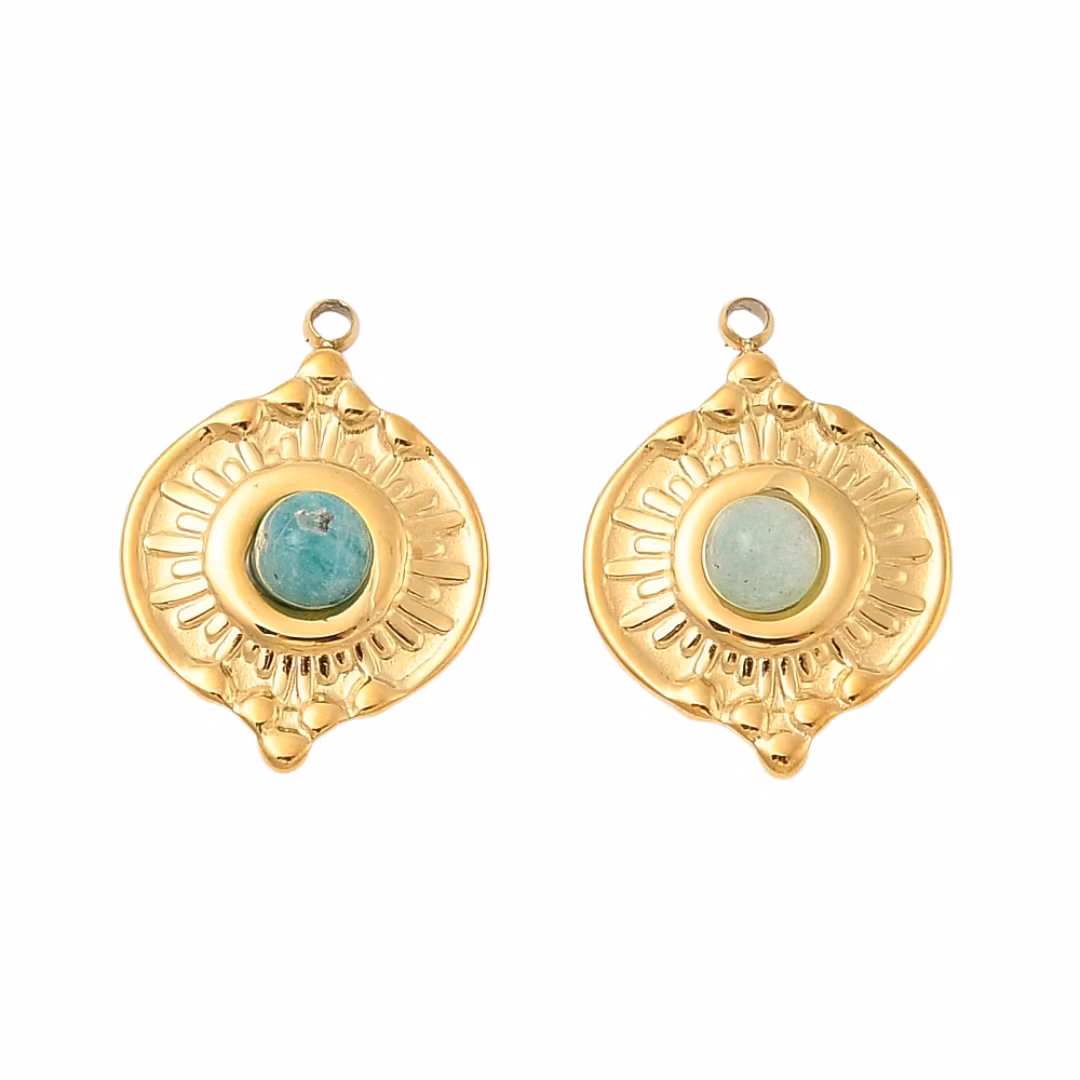 Guldfärgat rostfritt stål berlock rund mönstrad amazonite med PVD, 1 st