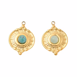 Guldfärgat rostfritt stål berlock rund mönstrad amazonite med PVD, 1 st