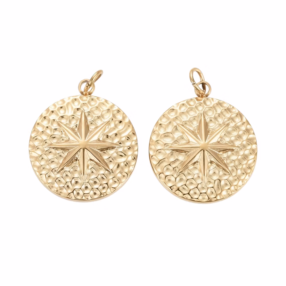 Guldfärgat kirurgiskt stål rund berlock stjärna med PVD plätering, 1 st