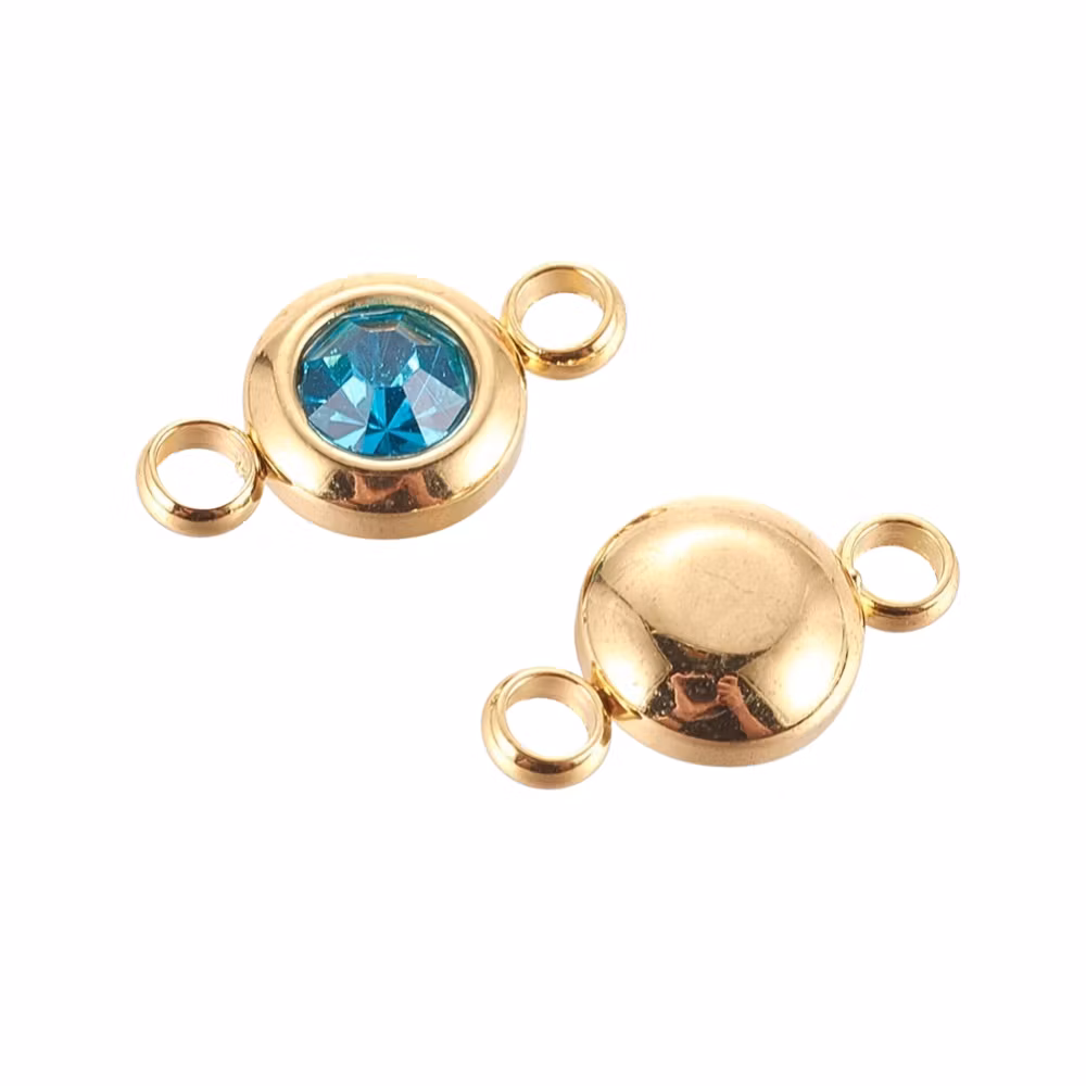 Guldfärgat rostfritt stål connector liten turkos med PVD plätering, 1 st