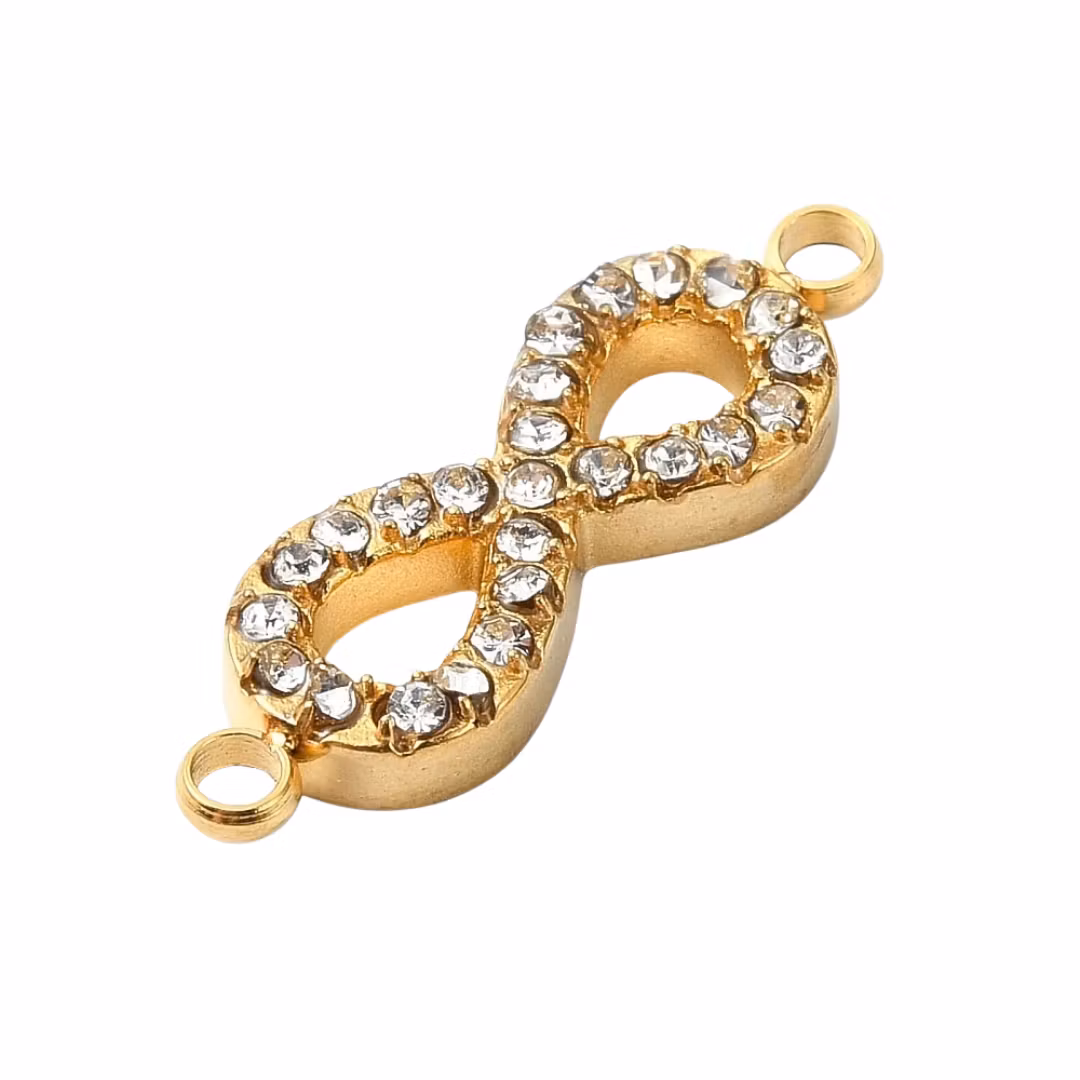 Guldfärgat rostfritt stål connector infinity med strass och PVD, 1 st
