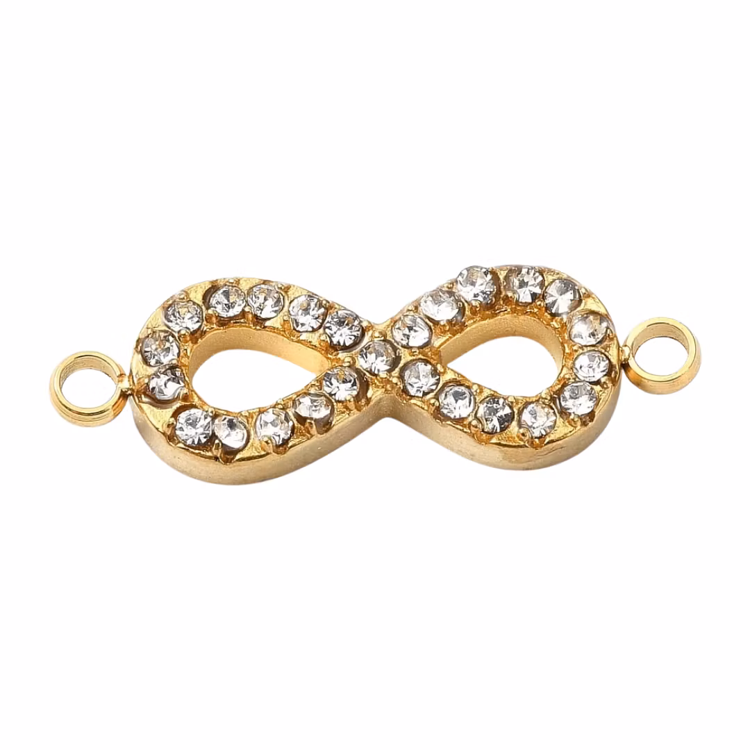 Guldfärgat rostfritt stål connector infinity med strass och PVD, 1 st
