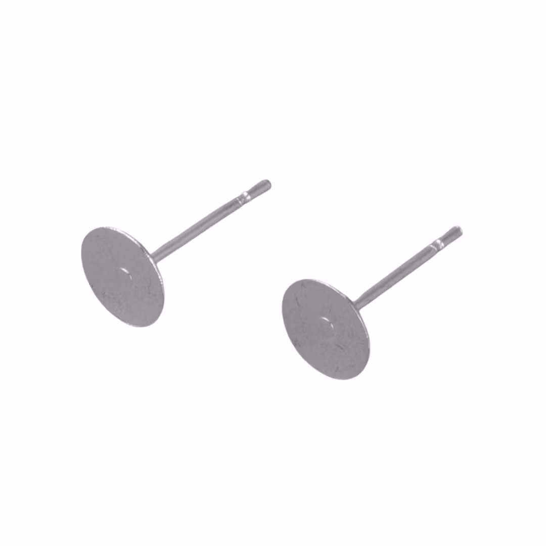 Silver-colored surgical steel stud earrings with plate for bonding, 10 pcs.
