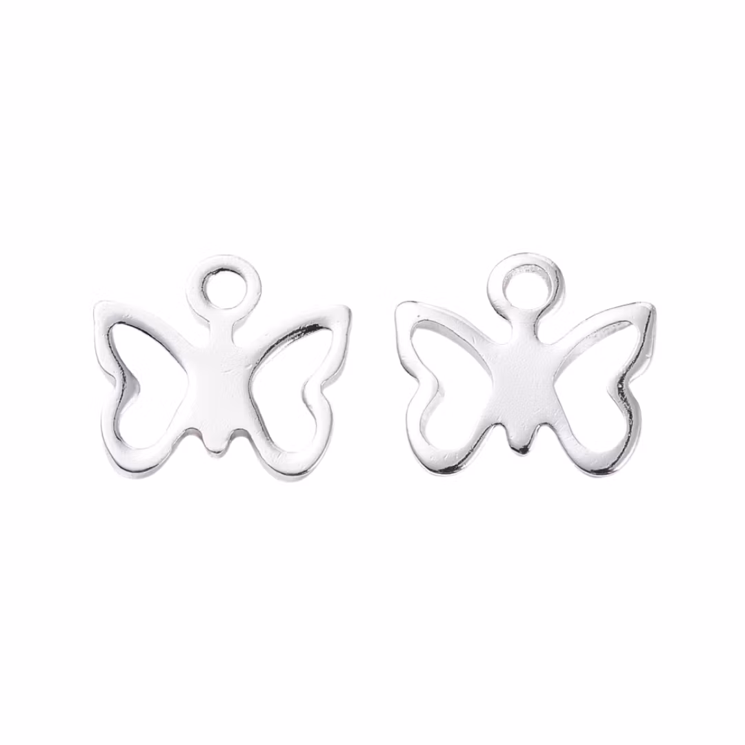 Silver-colored stainless steel butterfly charms, 10 pcs.