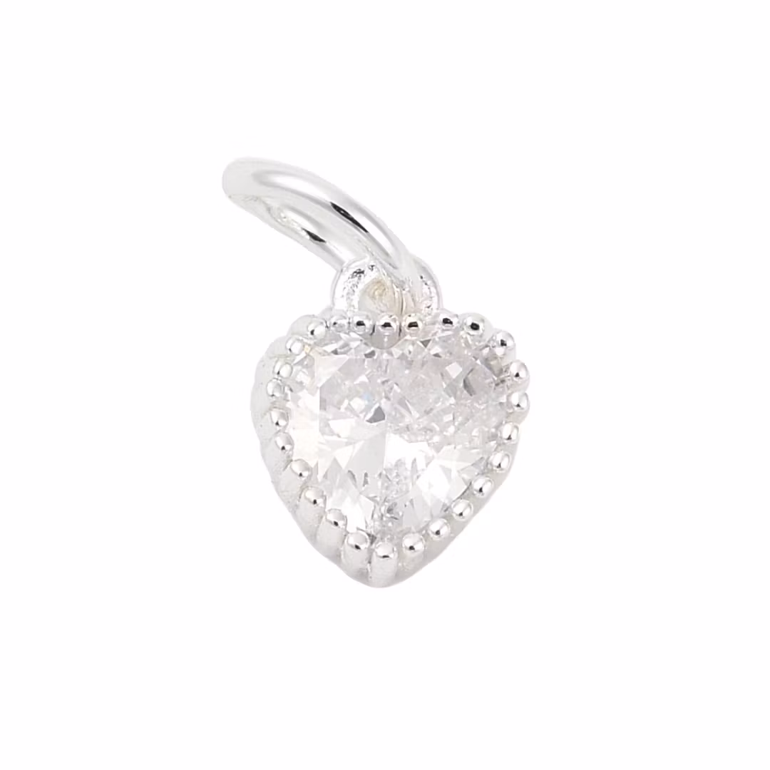 Silver-colored glass heart charm and ring with cubic zirconia, 1 pc.