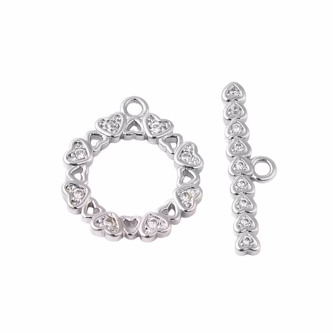 Antique-colored bar lock with heart and cubic zirconia, 1 pc.