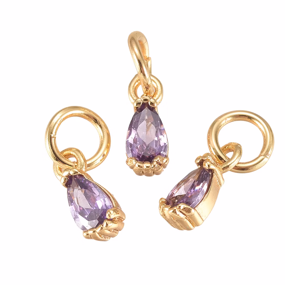Gold-colored pendant cubic zirconia drop light purple, 1 pc.