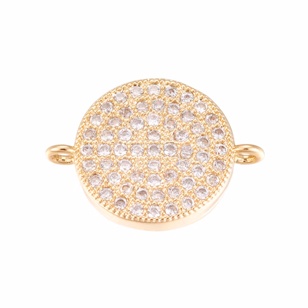 Guldfärgad connector flat rund med cubic zirconia, 1 st