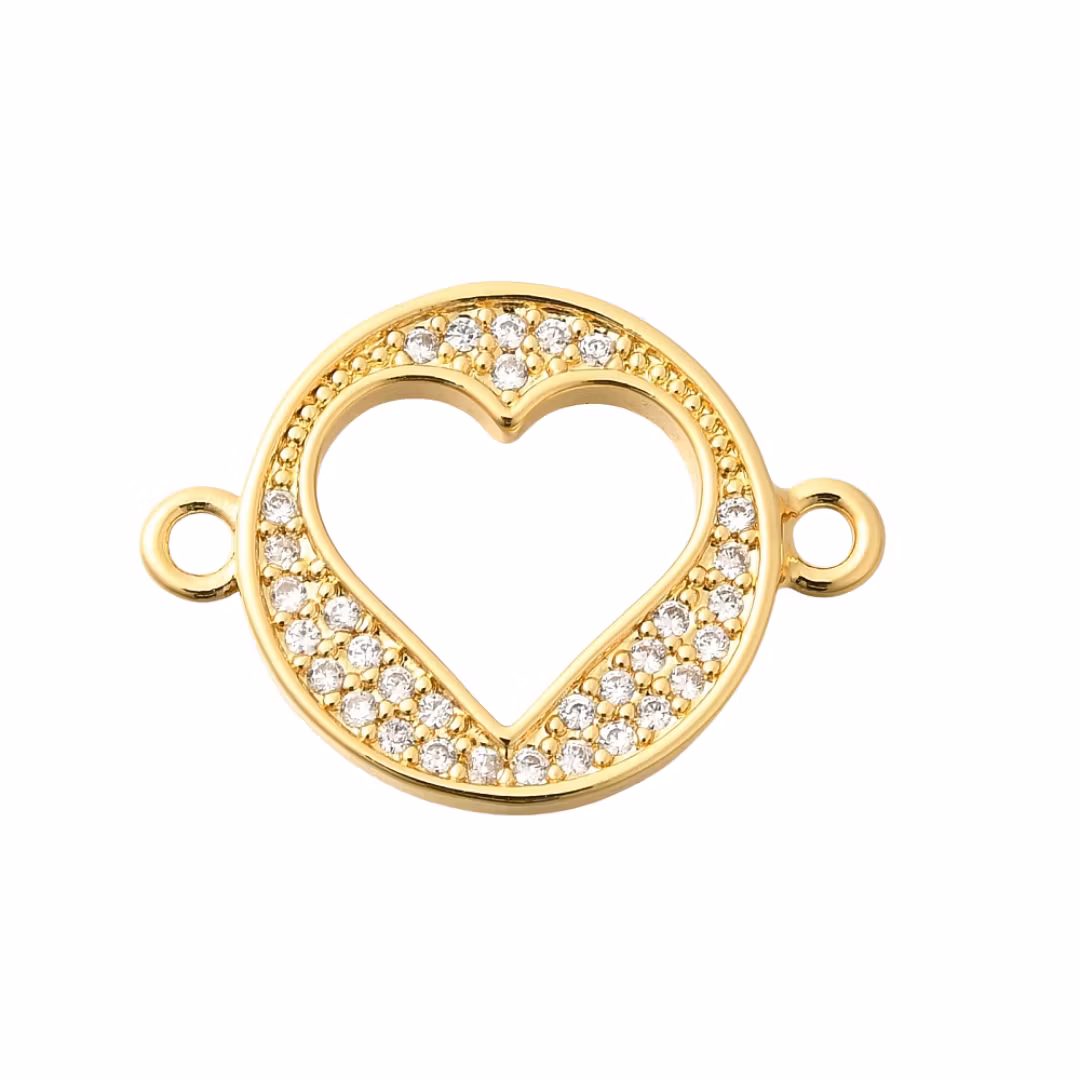 Guldfärgad connector flat rund med hjärta och cubic zirconia, 1 st