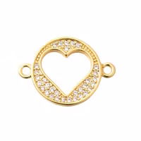 Guldfärgad connector flat rund med hjärta och cubic zirconia, 1 st