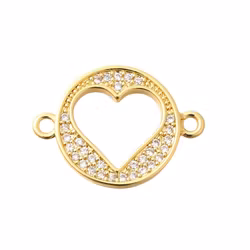 Guldfärgad connector flat rund med hjärta och cubic zirconia, 1 st