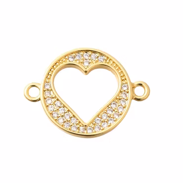 Guldfärgad connector flat rund med hjärta och cubic zirconia, 1 st