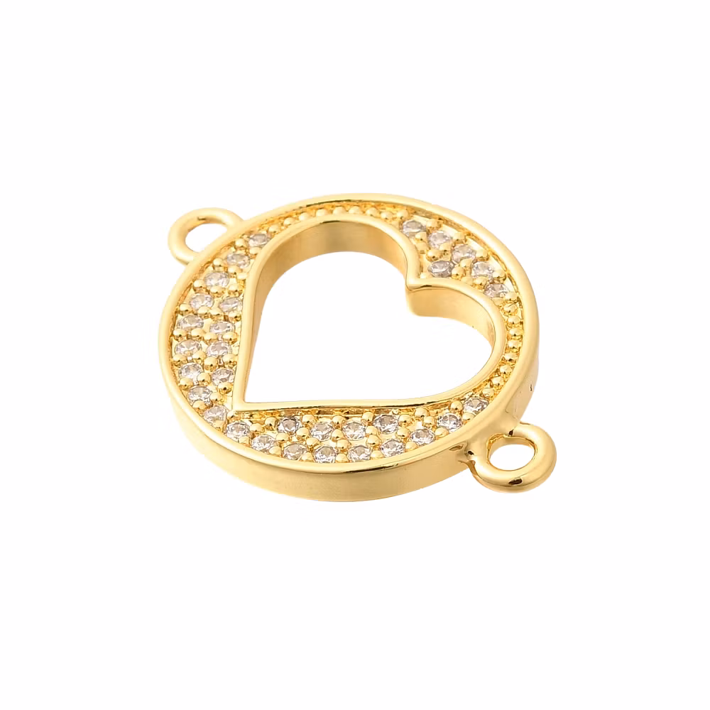 Guldfärgad connector flat rund med hjärta och cubic zirconia, 1 st