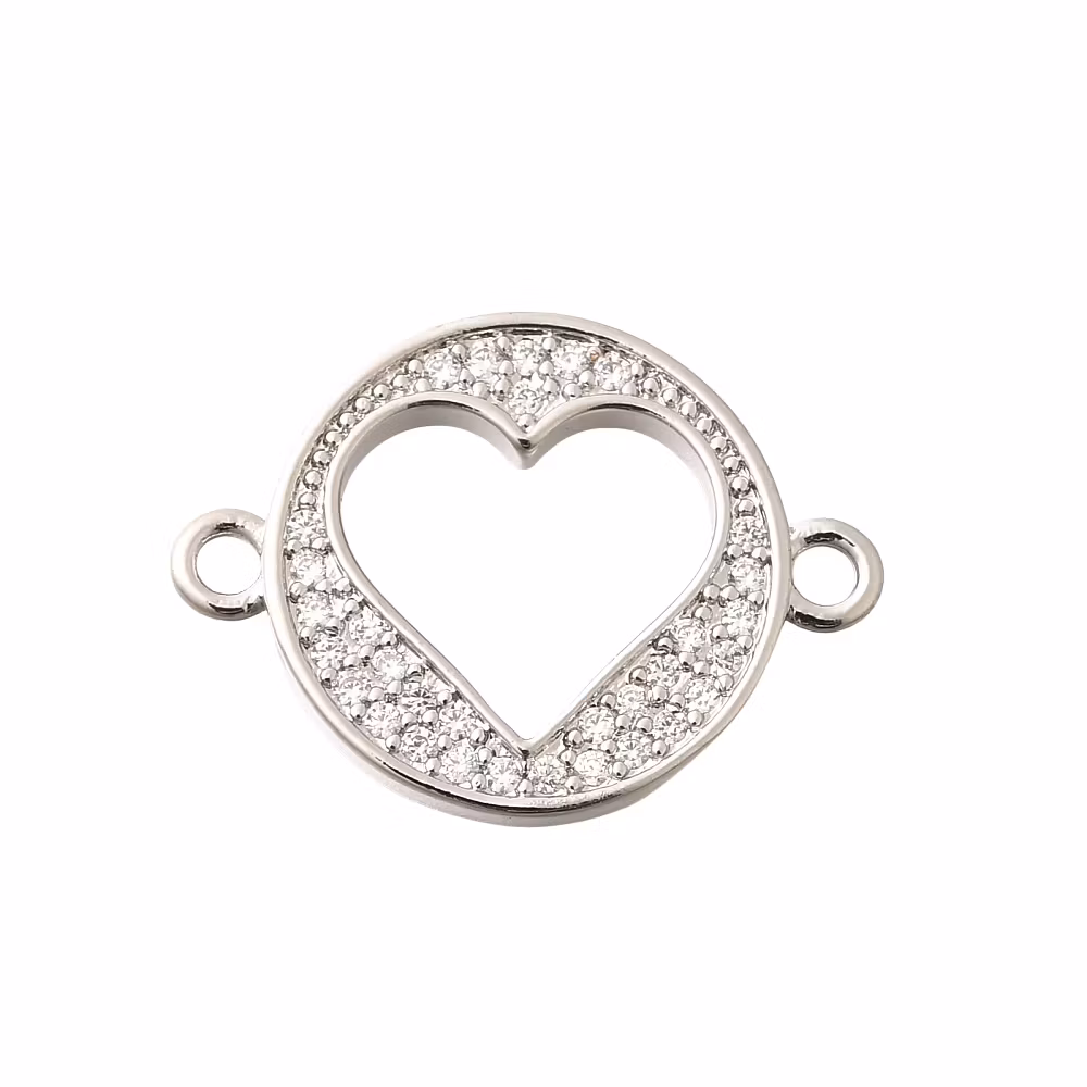 Antikfärgad connector flat rund med hjärta och cubic zirconia, 1 st