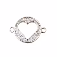 Antikfärgad connector flat rund med hjärta och cubic zirconia, 1 st