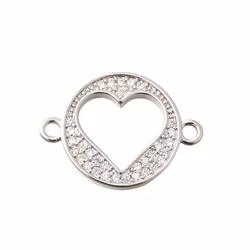 Antikfärgad connector flat rund med hjärta och cubic zirconia, 1 st