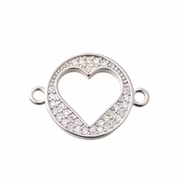 Antikfärgad connector flat rund med hjärta och cubic zirconia, 1 st