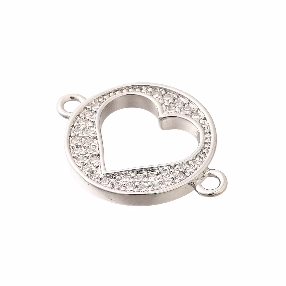 Antikfärgad connector flat rund med hjärta och cubic zirconia, 1 st
