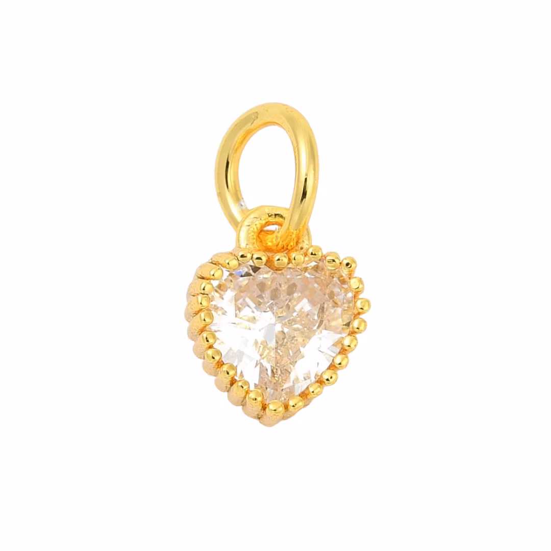Gold-colored glass heart charm and ring with cubic zirconia, 1 pc.