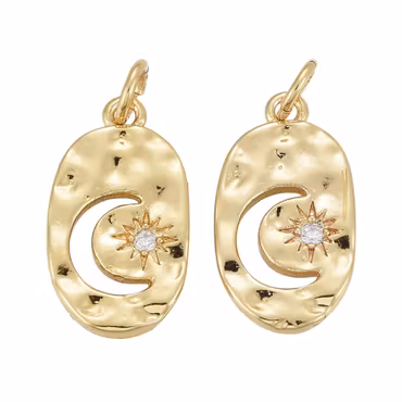 Guldfärgat hänge oval med stjärna & måne, cubic zirconia och 18k, 1 st