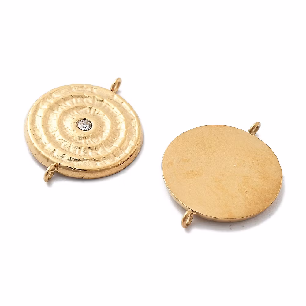 Guldfärgat rostfritt stål connector rund flat med strass, PVD och 18k, 1 st