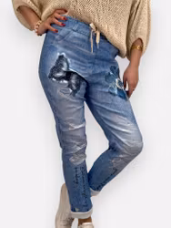 Haki magiska stretchbyxor med tryck jeansblå