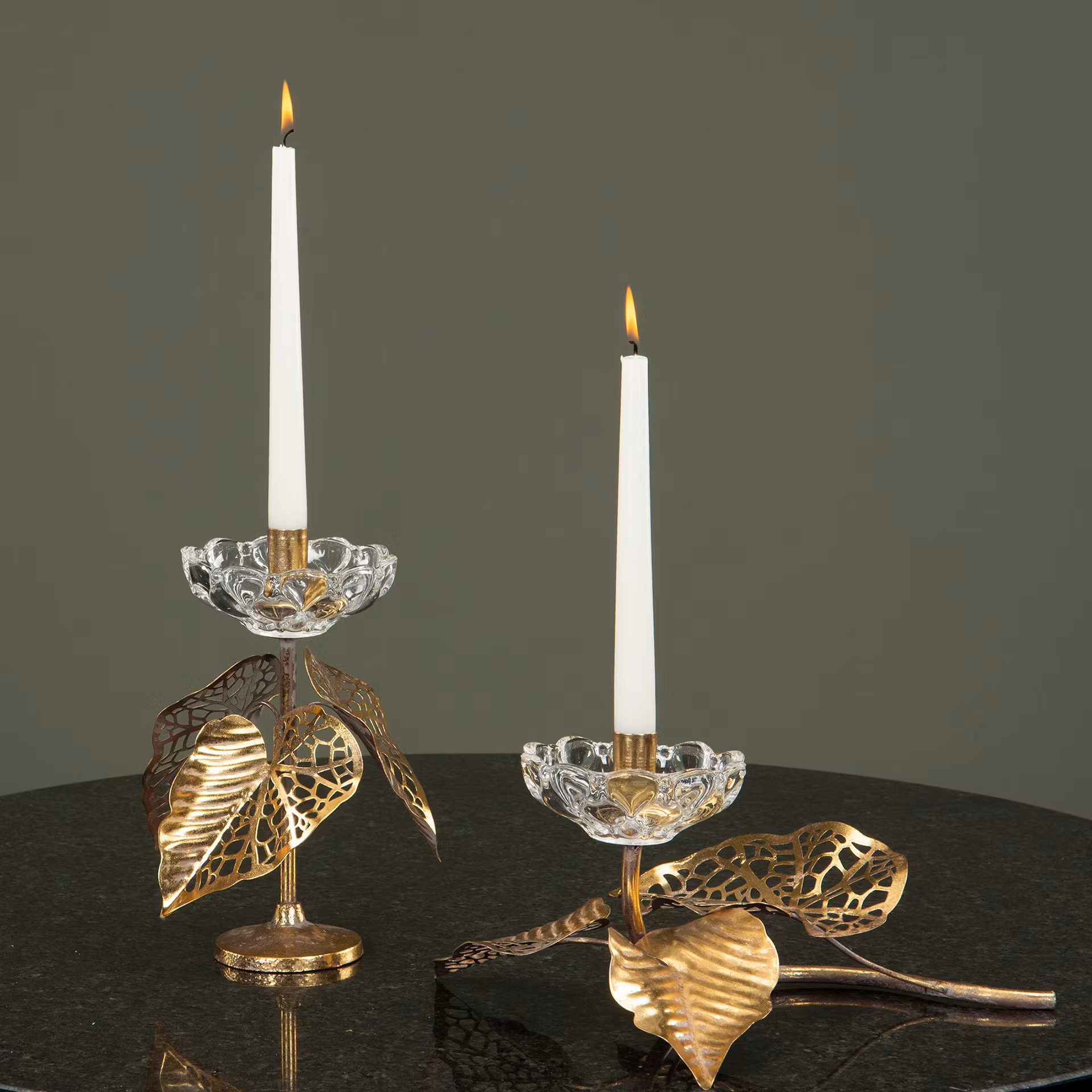 Ljusstake, ros, glas/metall, stående