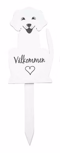 Skylt välkommen i trä,  hund
